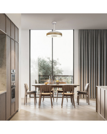 Ventilador plafón LED con aspas abatibles Coin en un comedor | Aiure