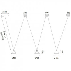 Dimensions du luminaire suspendu à trois lumières et hauteur réglable Antares de Mantra | Aiure