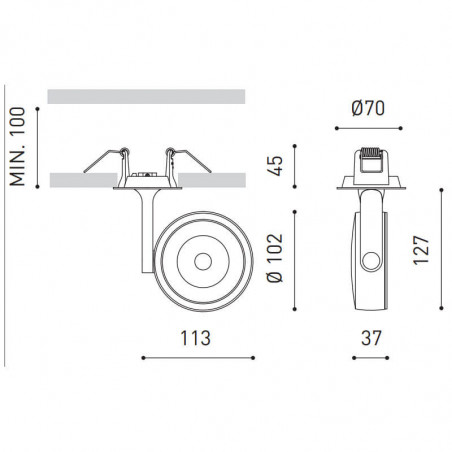 Dibujo dimensional del foco orientable Six L Recessed de Arkoslight | Aiure