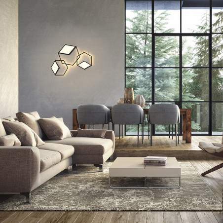 Kubick cube-shaped LED ceiling and wall light by Mantra black combined and installed on a living room wall| Aiure