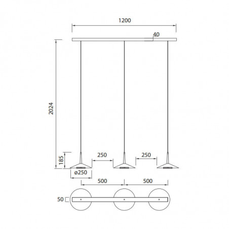 Dimensions de la lampe Orion 3 lumières de Mantra Aiure