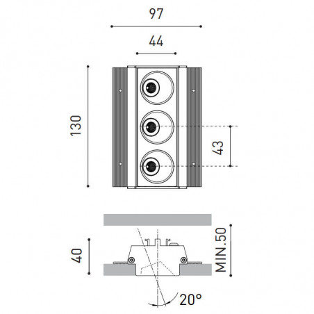 Measures du downlight Black Foster Asymmetric Trimless 3 par Arkoslight | Aiure