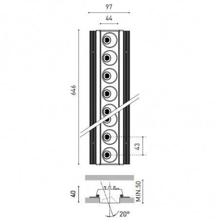 Dessin dimensionnel du downlight à LED Black Foster Asymmetric Trimless par Arkoslight | Aiure