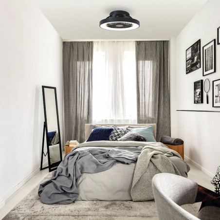 Tibet Mini black LED ceiling fan by Mantra in a bedroom| Aiure