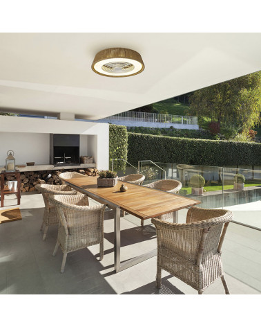 Ceiling fan with LED light Polinesia Natural Mini on a terrace | Aiure