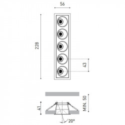 Dimensional drawing of the Black Foster Asymmetric Recessed 5 downlight by Arkoslight | Aiure