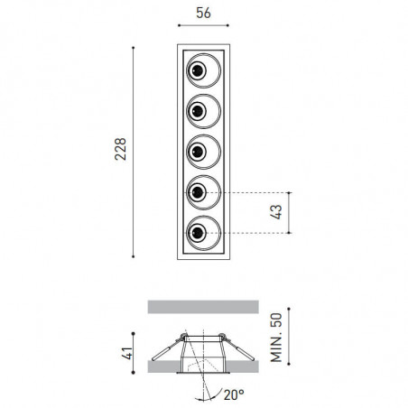 Dimensional drawing of the Black Foster Asymmetric Recessed 5 downlight by Arkoslight | Aiure