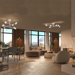 Minimalist pendant lamp with 6 and 8 lights Capuccina de Mantra white installed on a ceiling in a living room| Aiure