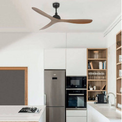Ventilador Gotland negro y madera de Faro Barcelona en una cocina| Aiure